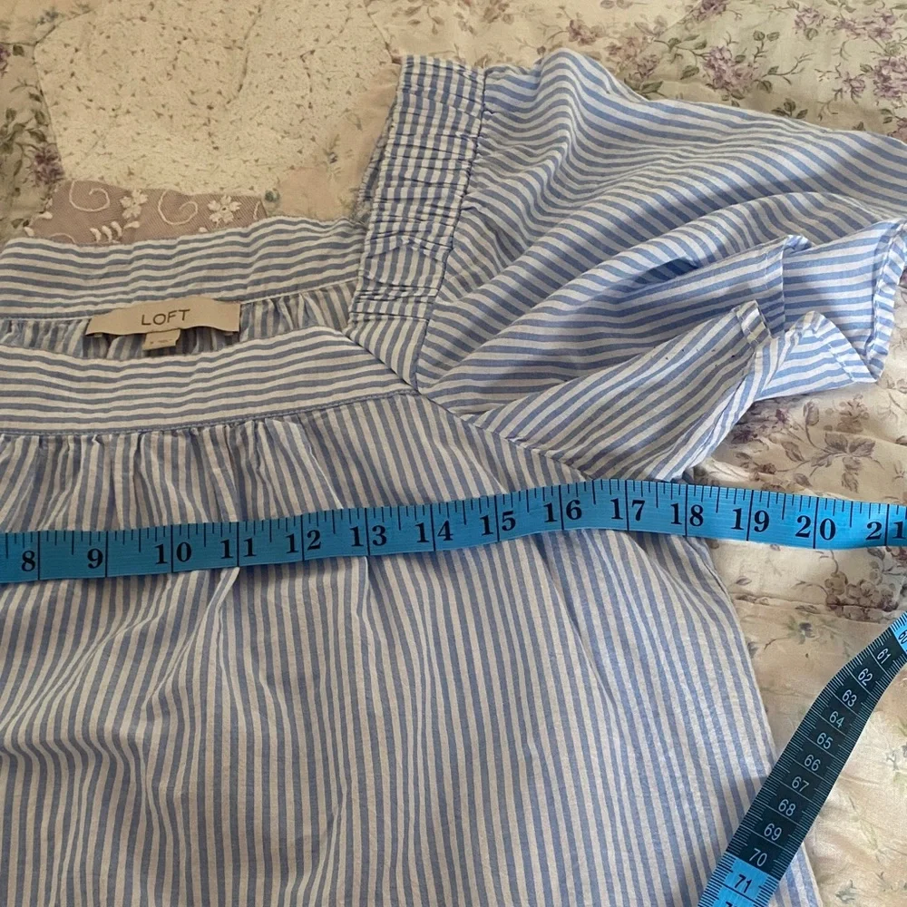 LOFT Blue White Stripe Eyelet Embroidered Square Neck Puff Sleeve Cotton Top S
